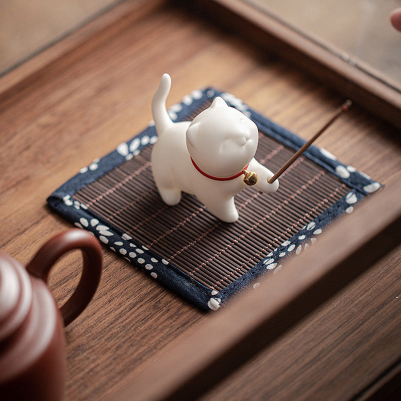Mini gato de la suerte, Buddha Stones, gatito, té, mascota, cerámica, decoración de escritorio para el hogar con estera de Bambú - image 4