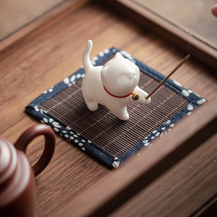 Mini gato de la suerte, Buddha Stones, gatito, té, mascota, cerámica, decoración de escritorio para el hogar con estera de Bambú - image 4