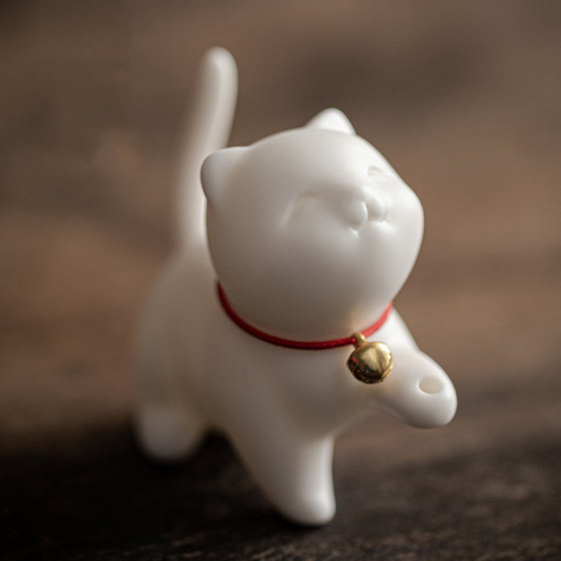 Mini gato de la suerte, Buddha Stones, gatito, té, mascota, cerámica, decoración de escritorio para el hogar con estera de Bambú - image 7