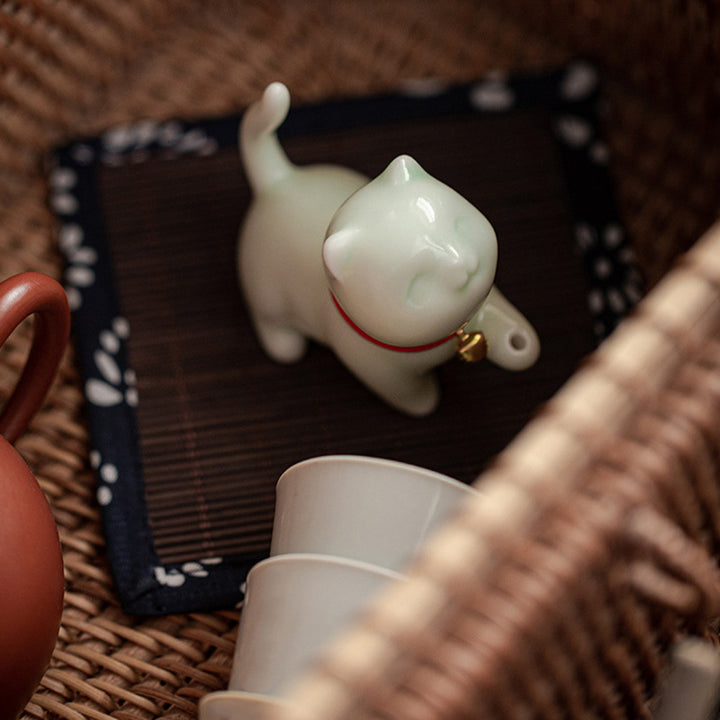 Mini gato de la suerte, Buddha Stones, gatito, té, mascota, cerámica, decoración de escritorio para el hogar con estera de Bambú - image 15