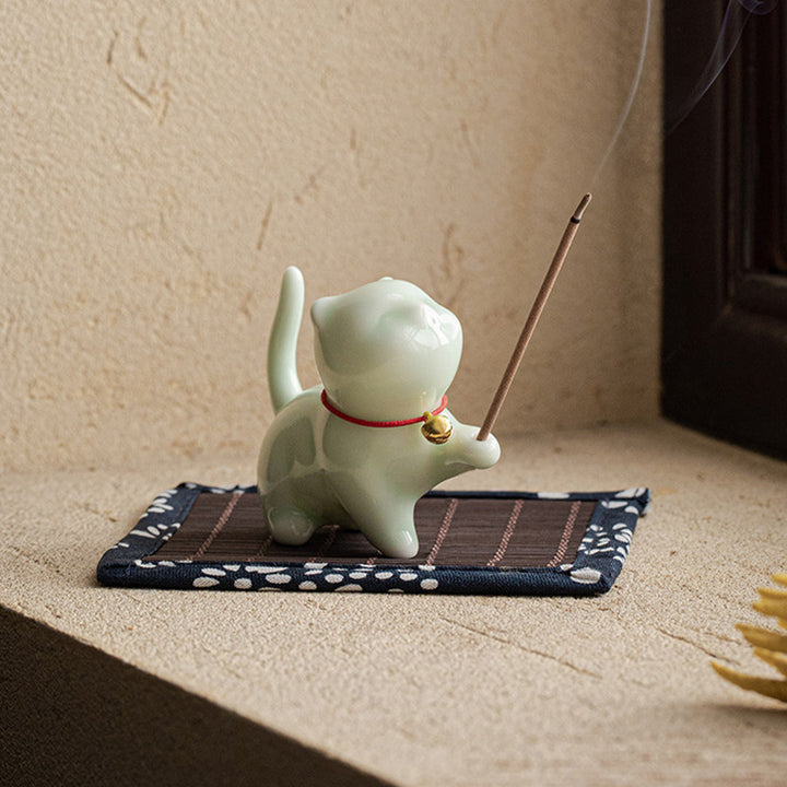 Mini gato de la suerte, Buddha Stones, gatito, té, mascota, cerámica, decoración de escritorio para el hogar con estera de Bambú - image 12
