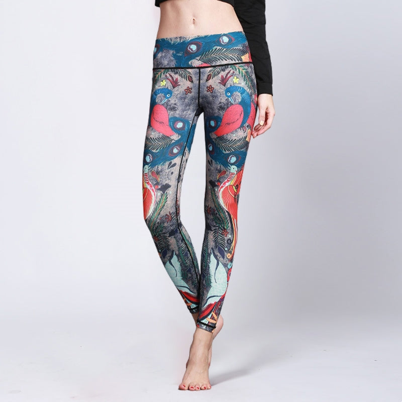 Pantalones de plumas de pavo real rojo y azul con piedras de Buddha Stones, mallas deportivas para Yoga, pantalones de Yoga para mujer - US8-10, UK/AU12-14, EU40-42 (XL) - image 0