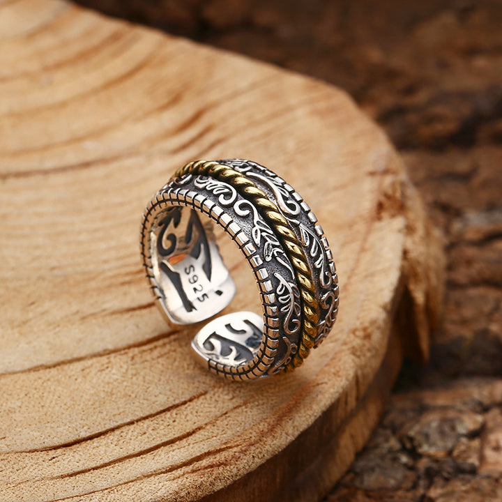 Anillo ajustable de la suerte con diseño de flor de la dinastía Tang de plata de ley 925 con Buddha Stones - image 1