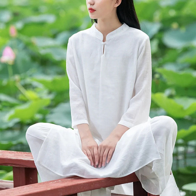 Buddha Stones 2 piezas blanco Tai Chi meditación Yoga Zen algodón ropa de lino Top pantalones conjunto de mujer - Blanco (Top y pantalón): US8-10，UK/AU12-14，EU40-42 (2XL) - image 0