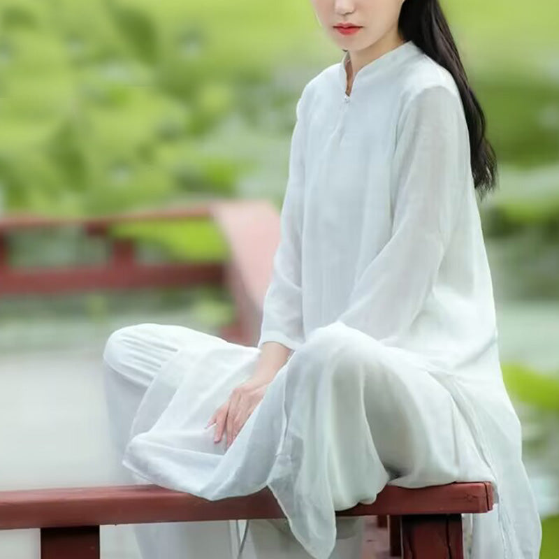 Buddha Stones 2 piezas blanco Tai Chi meditación Yoga Zen algodón ropa de lino Top pantalones conjunto de mujer - image 11