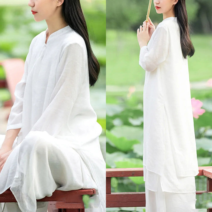 Buddha Stones 2 piezas blanco Tai Chi meditación Yoga Zen algodón ropa de lino Top pantalones conjunto de mujer - image 12