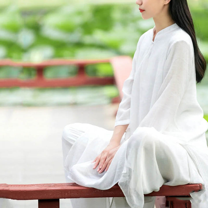 Buddha Stones 2 piezas blanco Tai Chi meditación Yoga Zen algodón ropa de lino Top pantalones conjunto de mujer - image 10