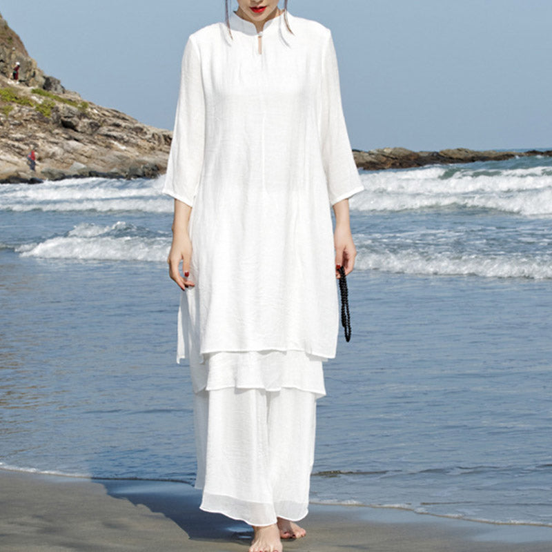 Buddha Stones 2 piezas blanco Tai Chi meditación Yoga Zen algodón ropa de lino Top pantalones conjunto de mujer - image 3