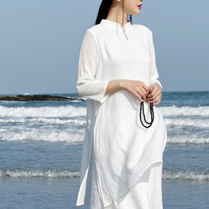 Buddha Stones 2 piezas blanco Tai Chi meditación Yoga Zen algodón ropa de lino Top pantalones conjunto de mujer - image 4