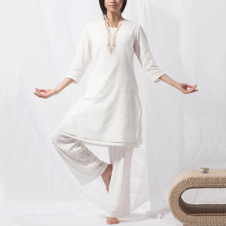 Buddha Stones 2 uds Tai Chi meditación Yoga ropa de algodón Top pantalones conjunto de mujer - Blanco (Top y pantalones) - US8-10，UK/AU12-14，EU40-42 (2XL) - image 1