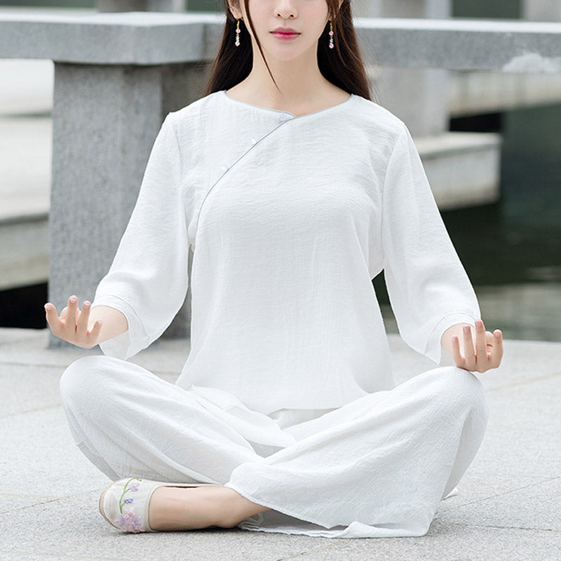 Conjunto de ropa de lino y algodón para mujer, pantalón superior blanco, diseño Simple, Buddha Stones , meditación, Yoga, Zen, Tai Chi, 2 uds. - Blanco (Top y pantalón): US8-10, UK/AU12-14, EU40-42 (3XL) - image 0