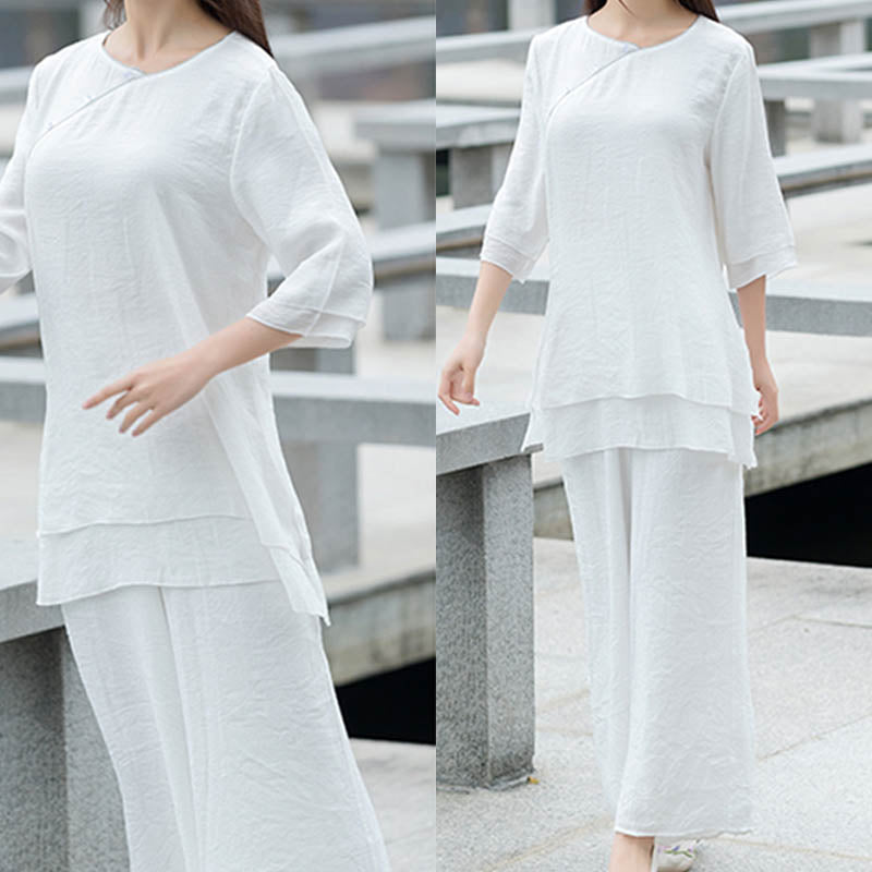 Conjunto de 2 piezas de pantalones blancos con diseño simple de Buddha Stones para meditación, yoga, zen y tai chi para mujer - image 2