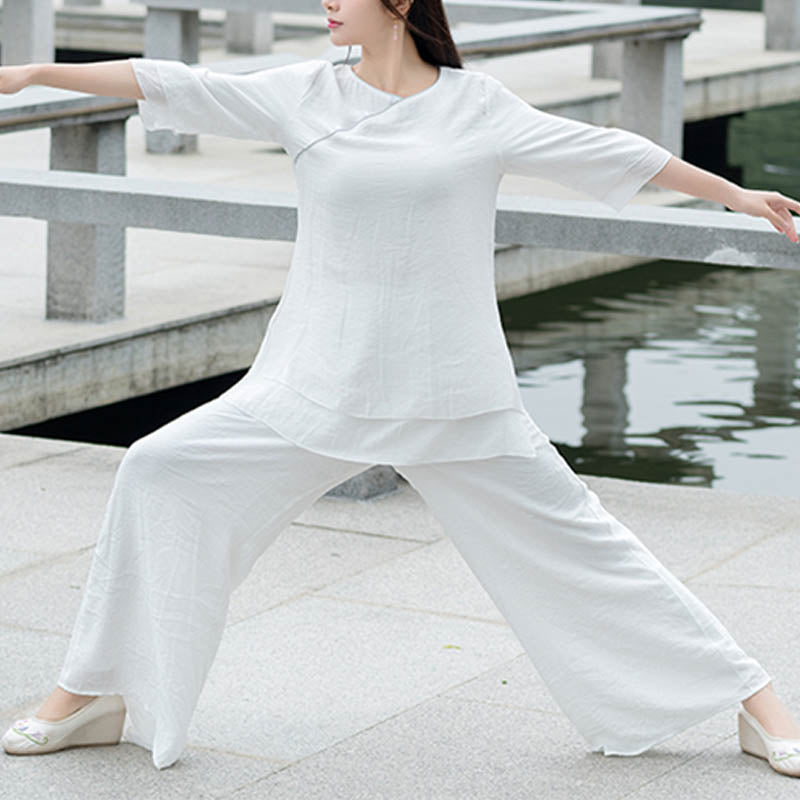 Conjunto de 2 piezas de pantalones blancos con diseño simple de Buddha Stones para meditación, yoga, zen y tai chi para mujer - image 4