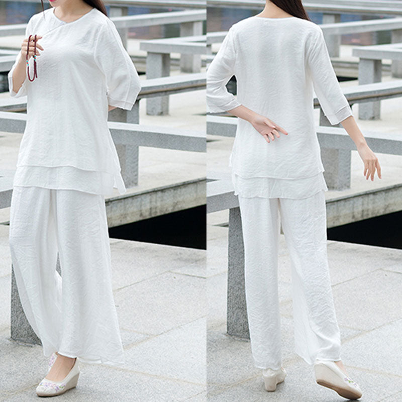 Conjunto de 2 piezas de pantalones blancos con diseño simple de Buddha Stones para meditación, yoga, zen y tai chi para mujer - image 3