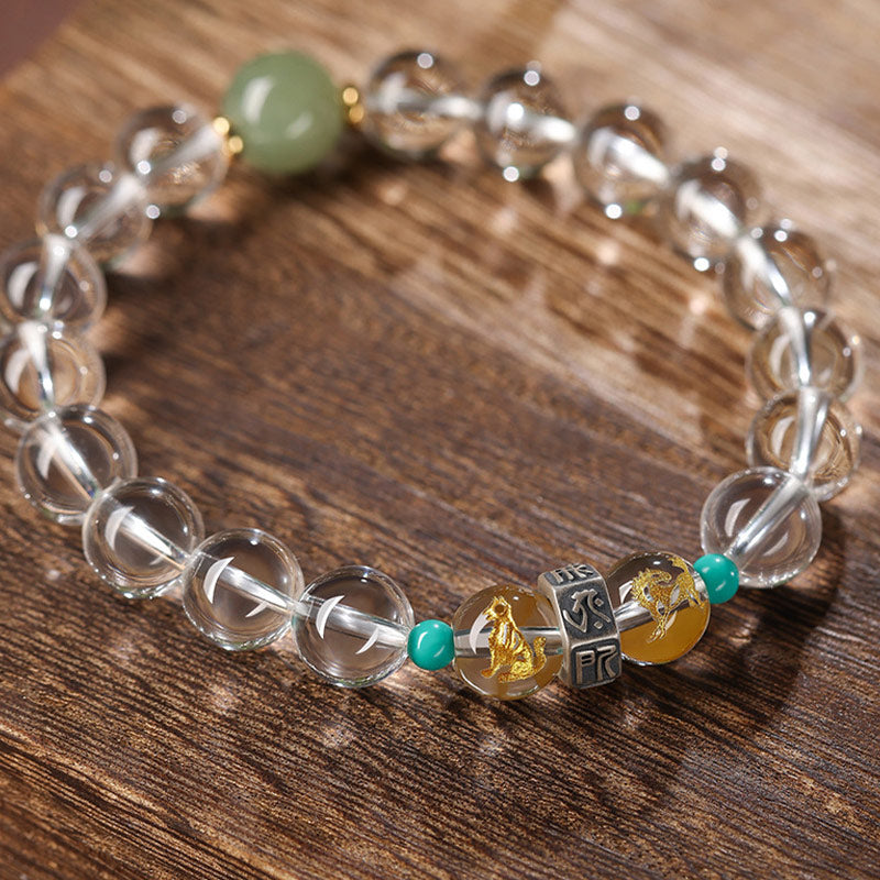 Buddha Stones de Plata de Ley 925, pulsera curativa de Jade Hetian de cristal blanco, Buda natal del zodíaco chino, grupos propicios - Grupos auspiciosos para el cerdo: Cerdo/Conejo/Cabra - 10 mm (circunferencia de la muñeca 14-16 cm) - image 0