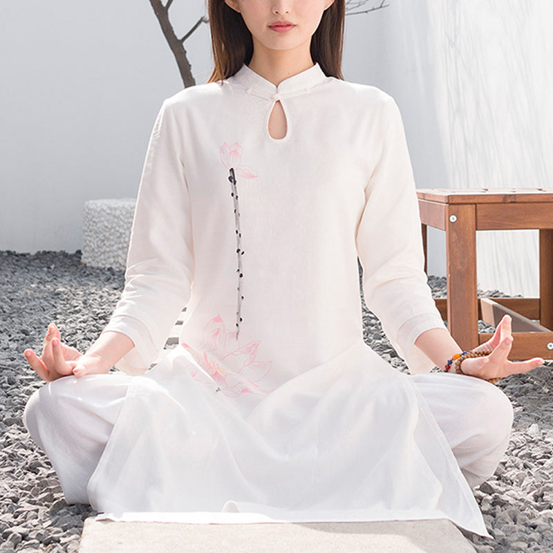 Conjunto de 2 piezas de Buddha Stones con patrón de loto para meditación de Tai Chi, Yoga, ropa de lino y algodón, pantalones superiores - Blanco (Top y pantalón) - US12, UK/AU16, EU44 (2XL)  - image 0