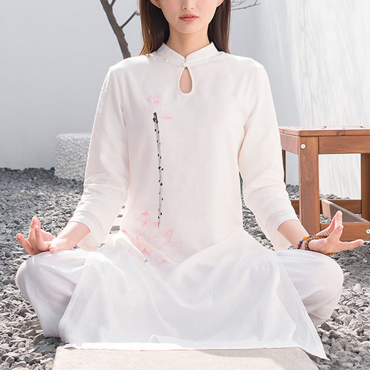 Conjunto de 2 piezas de Buddha Stones con patrón de loto para meditación de Tai Chi, Yoga, ropa de lino y algodón, pantalones superiores - Blanco (Top y pantalón) - US12, UK/AU16, EU44 (2XL)  - image 0