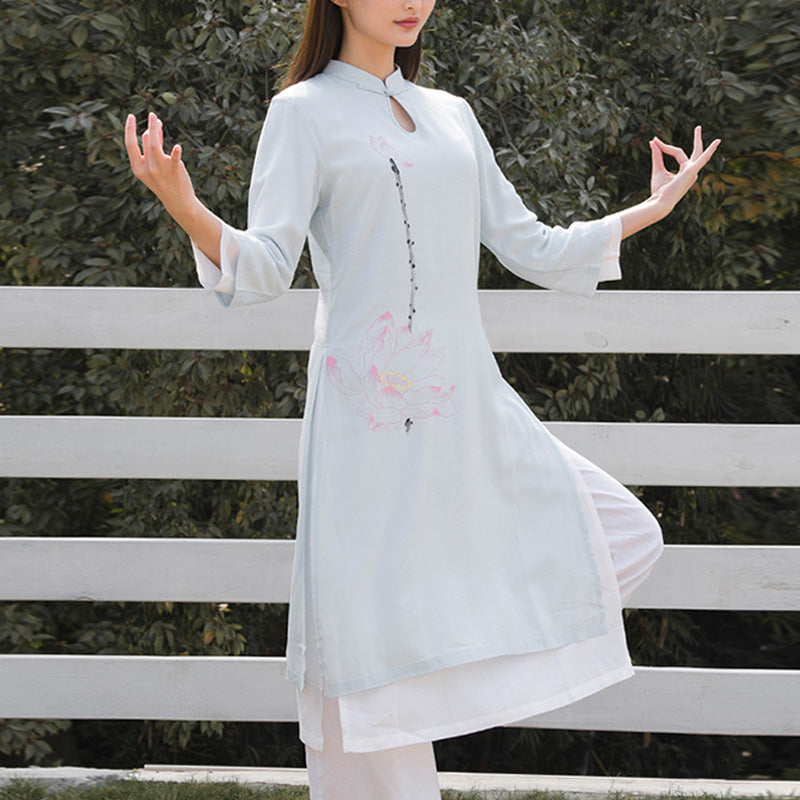 Conjunto de 2 piezas de Buddha Stones con patrón de loto para meditación de Tai Chi, Yoga, ropa de lino y algodón, pantalones superiores - Top azul y pantalones blancos - US12, UK/AU16, EU44 (2XL)  - image 6