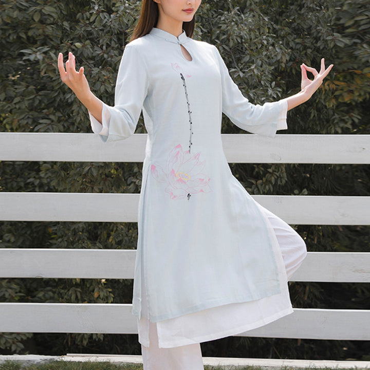 Conjunto de 2 piezas de Buddha Stones con patrón de loto para meditación de Tai Chi, Yoga, ropa de lino y algodón, pantalones superiores - Top azul y pantalones blancos - US12, UK/AU16, EU44 (2XL)  - image 6