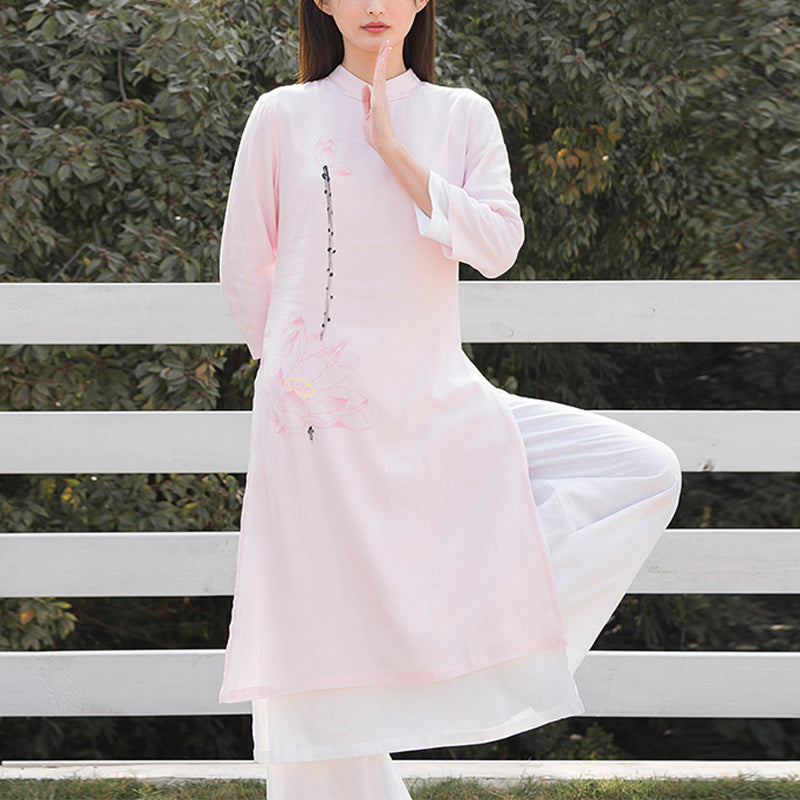 Conjunto de 2 piezas de Buddha Stones con patrón de loto para meditación de Tai Chi, Yoga, ropa de lino y algodón, pantalones superiores - Top rosa y pantalones blancos - US12, UK/AU16, EU44 (2XL)  - image 15