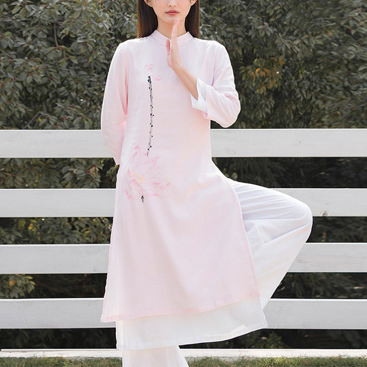 Conjunto de 2 piezas de Buddha Stones con patrón de loto para meditación de Tai Chi, Yoga, ropa de lino y algodón, pantalones superiores - Top rosa y pantalones blancos - US12, UK/AU16, EU44 (2XL)  - image 15