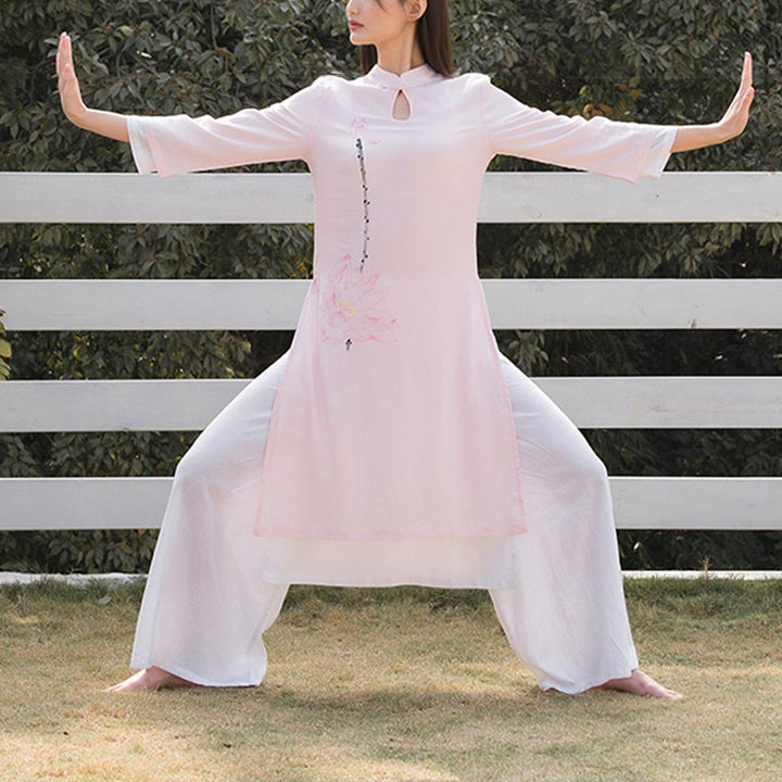Conjunto de 2 piezas de Buddha Stones con patrón de loto para meditación de Tai Chi, Yoga, ropa de lino y algodón, pantalones superiores - image 16