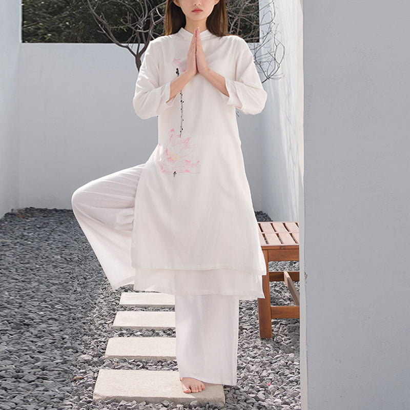 Conjunto de 2 piezas de Buddha Stones con patrón de loto para meditación de Tai Chi, Yoga, ropa de lino y algodón, pantalones superiores - image 1