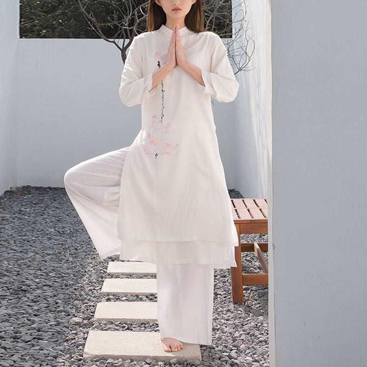 Conjunto de 2 piezas de Buddha Stones con patrón de loto para meditación de Tai Chi, Yoga, ropa de lino y algodón, pantalones superiores - image 1