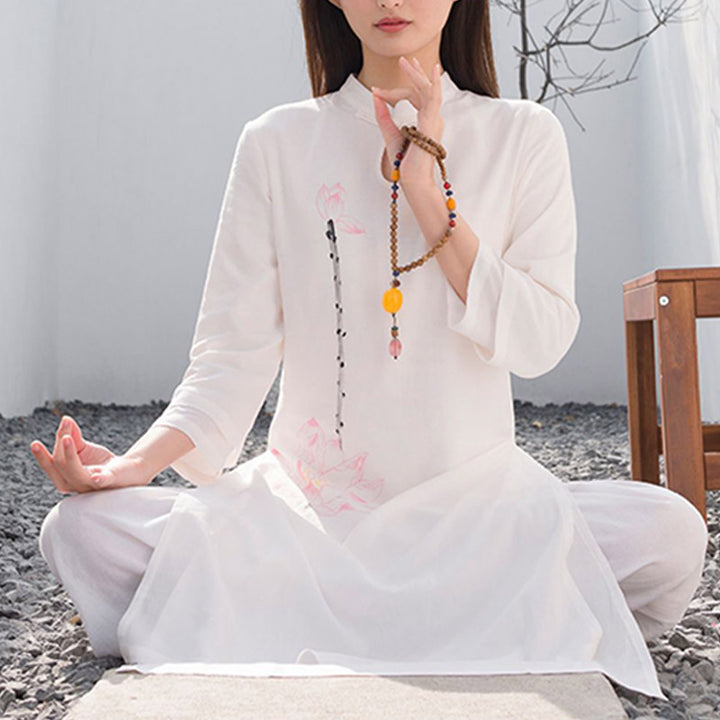 Conjunto de 2 piezas de Buddha Stones con patrón de loto para meditación de Tai Chi, Yoga, ropa de lino y algodón, pantalones superiores - image 4