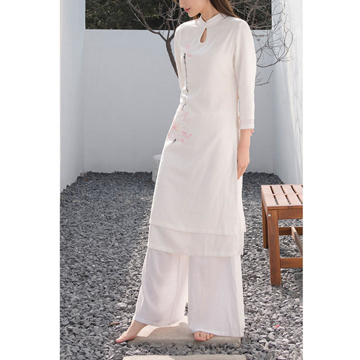 Conjunto de 2 piezas de Buddha Stones con patrón de loto para meditación de Tai Chi, Yoga, ropa de lino y algodón, pantalones superiores - image 3