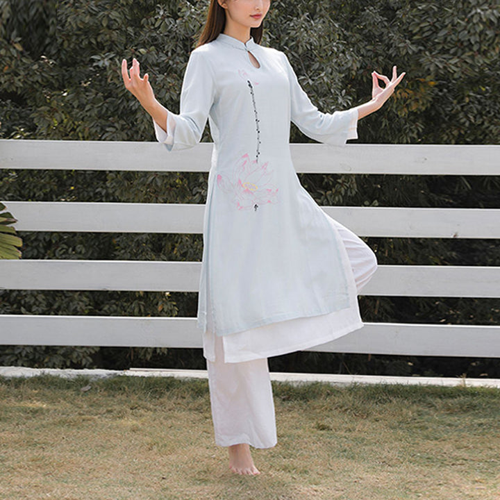 Conjunto de 2 piezas de Buddha Stones con patrón de loto para meditación de Tai Chi, Yoga, ropa de lino y algodón, pantalones superiores - image 12