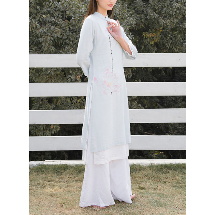 Conjunto de 2 piezas de Buddha Stones con patrón de loto para meditación de Tai Chi, Yoga, ropa de lino y algodón, pantalones superiores - image 13