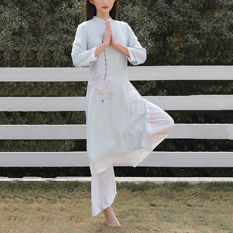 Conjunto de 2 piezas de Buddha Stones con patrón de loto para meditación de Tai Chi, Yoga, ropa de lino y algodón, pantalones superiores - image 7