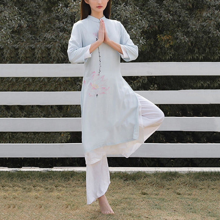 Conjunto de 2 piezas de Buddha Stones con patrón de loto para meditación de Tai Chi, Yoga, ropa de lino y algodón, pantalones superiores - image 7