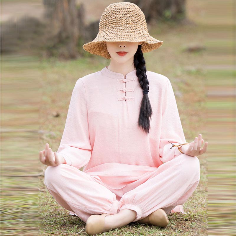 Conjunto de 2 piezas de ropa de lino y algodón con Buddha Stones para mujer, pantalones superiores con diseño liso, meditación, Yoga, Zen, Tai Chi - image 1