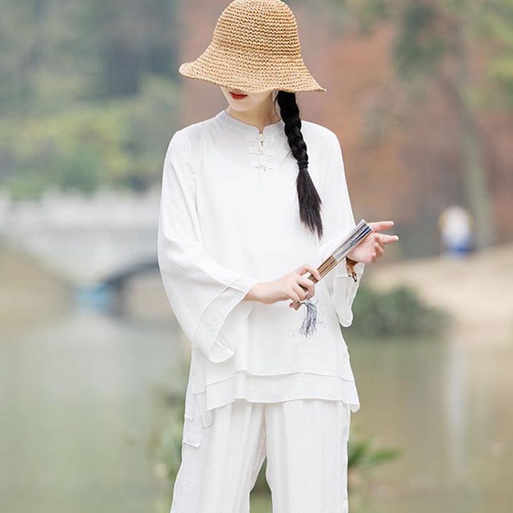 Conjunto de 2 piezas de ropa de lino y algodón con Buddha Stones para mujer, pantalones superiores con diseño liso, meditación, Yoga, Zen, Tai Chi - image 17