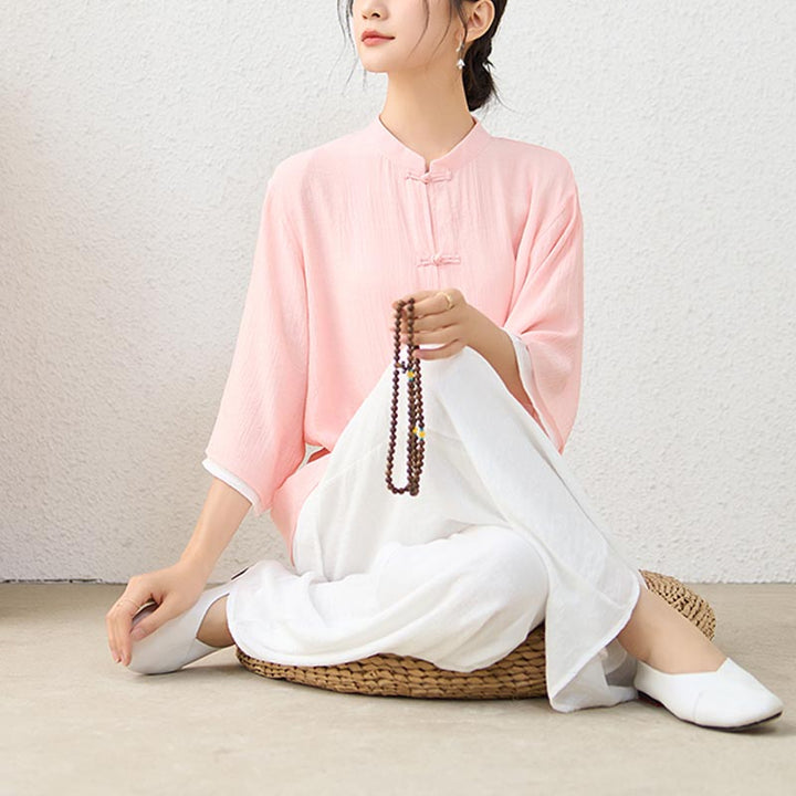 Conjunto de ropa de algodón para mujer, pantalones superiores con diseño de botones de rana china Simple, Buddha Stones , meditación, Yoga, Zen, Tai Chi, 2 uds. - image 1