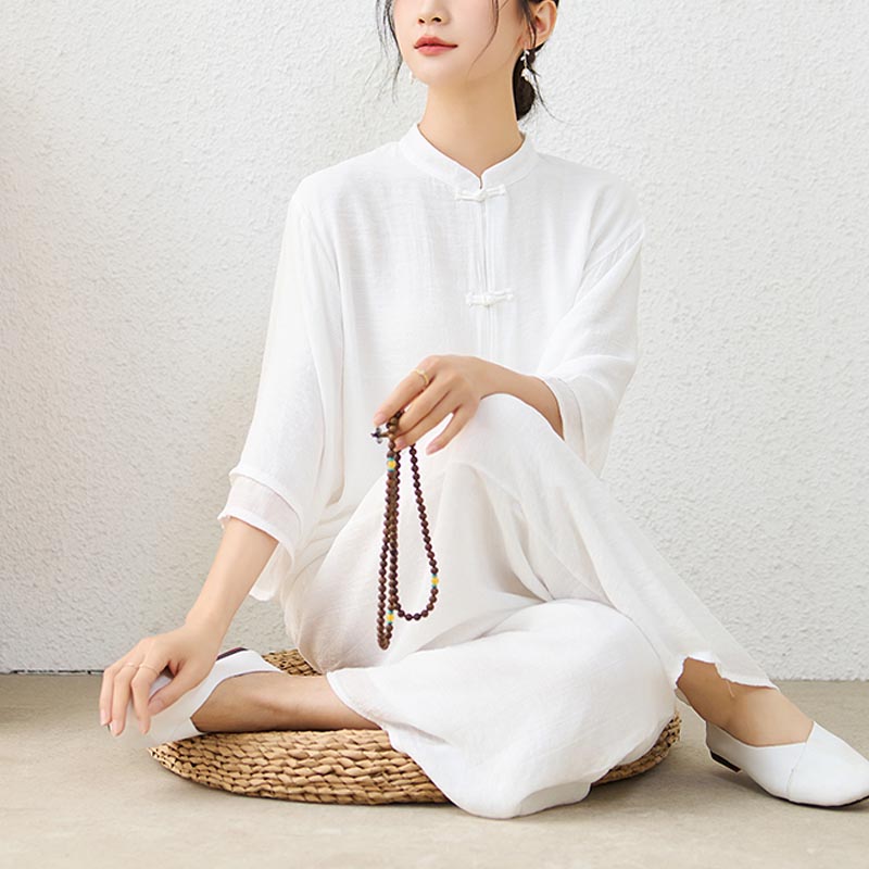 Conjunto de ropa de algodón para mujer, pantalones superiores con diseño de botones de rana china Simple, Buddha Stones , meditación, Yoga, Zen, Tai Chi, 2 uds. - Blanco (Top y pantalón) - US12, UK/AU16, EU44 (2XL) - image 8