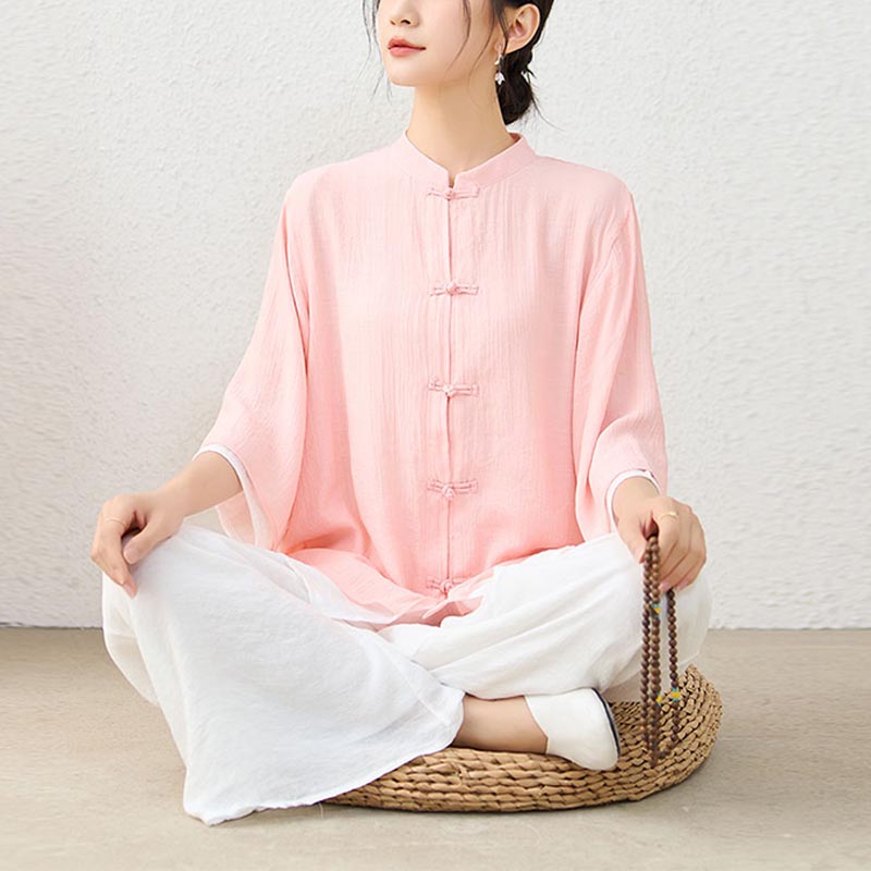 Conjunto de ropa de algodón para mujer, pantalones superiores con diseño de botones de rana china Simple, Buddha Stones , meditación, Yoga, Zen, Tai Chi, 2 uds. - Top rosa y pantalones blancos - US12, UK/AU16, EU44 (2XL) - image 0