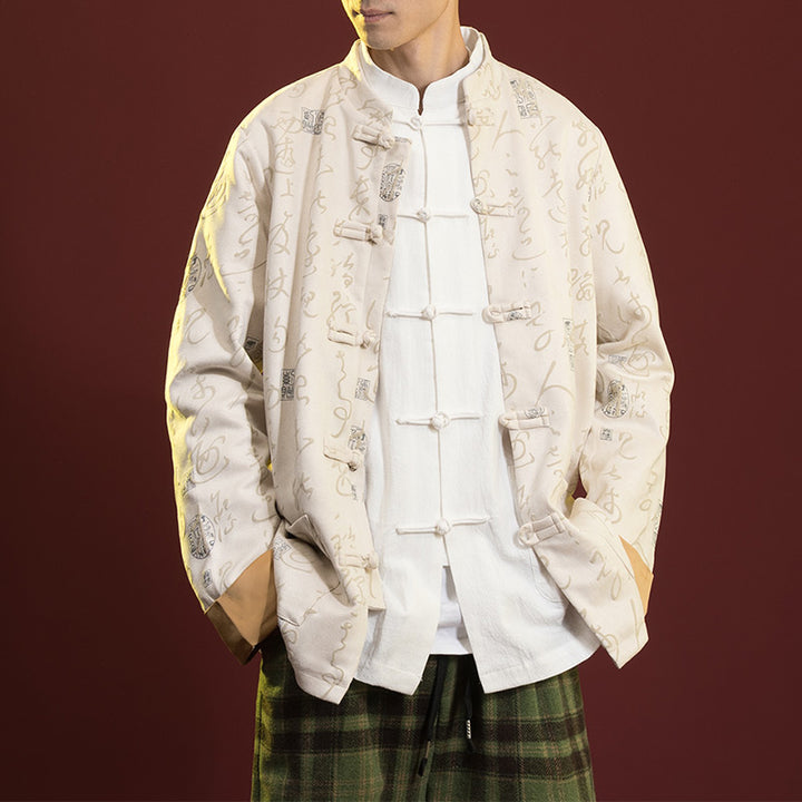 Ropa de caligrafía china con Buddha Stones, chaqueta, abrigo, traje Tang, ropa para hombre - Beige (solo la parte superior) - US/UK/AU46, EU56 (5XL)  - image 6