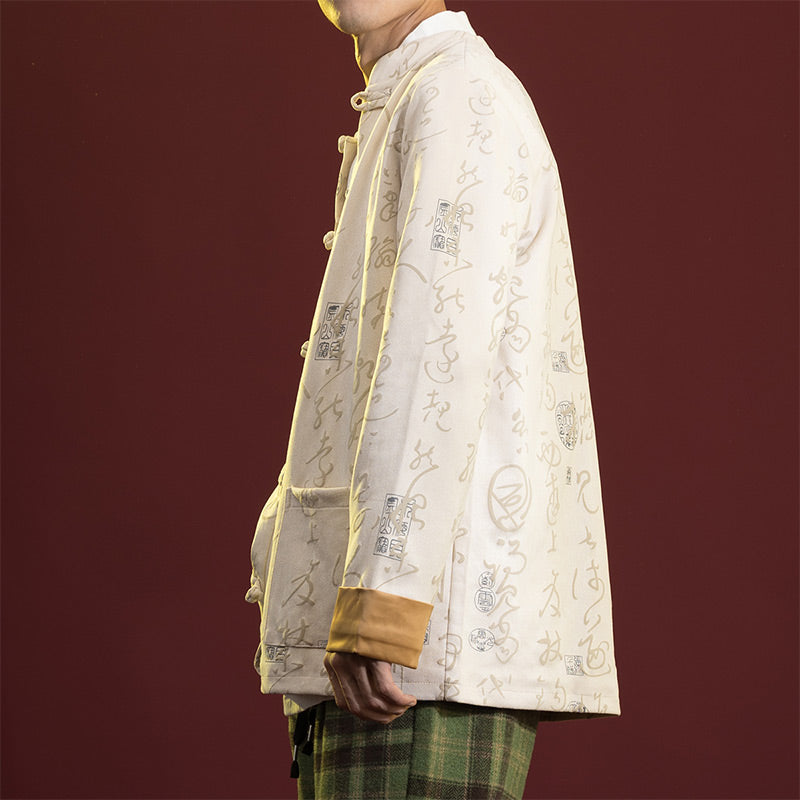 Ropa de caligrafía china con Buddha Stones, chaqueta, abrigo, traje Tang, ropa para hombre