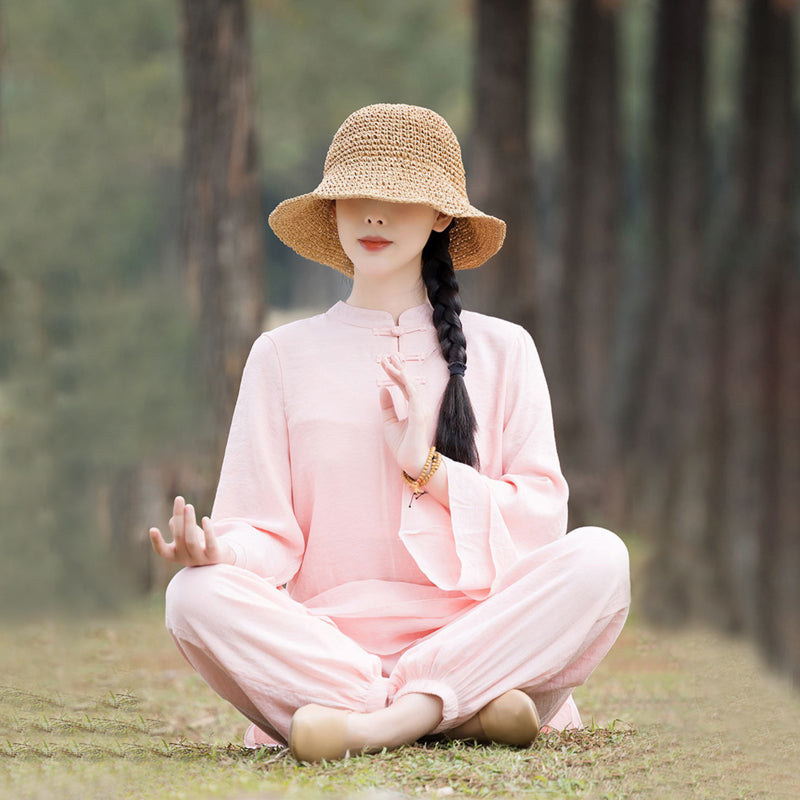 Conjunto de 2 piezas de ropa de lino y algodón con Buddha Stones para mujer, pantalones superiores con diseño liso, meditación, Yoga, Zen, Tai Chi - Botón frontal de rana china rosa (top y pantalones) - US8-10，UK/AU12-14，EU40-42 (2XL) - image 0