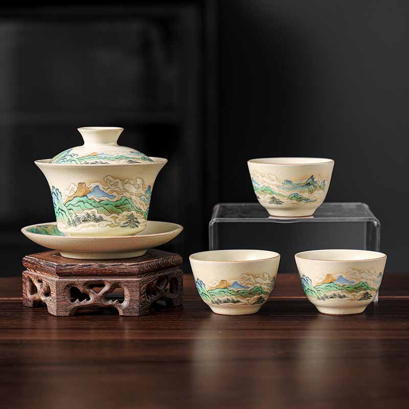 Buddha Stones, un panorama de ríos y montañas, flores, taza de té de cerámica Gaiwan Sancai, taza de té de Kung Fu y platillo con tapa - 4 piezas de panorama de ríos y montañas (1 pieza de 12 cm x 9 cm x 100 ml y 3 piezas de 6,5 x 4 cm x 40 ml) - image 13