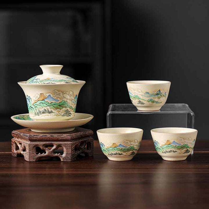 Buddha Stones, un panorama de ríos y montañas, flores, taza de té de cerámica Gaiwan Sancai, taza de té de Kung Fu y platillo con tapa - 4 piezas de panorama de ríos y montañas (1 pieza de 12 cm x 9 cm x 100 ml y 3 piezas de 6,5 x 4 cm x 40 ml) - image 13