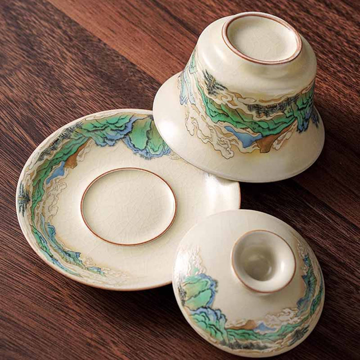 Buddha Stones, un panorama de ríos y montañas, flores, taza de té de cerámica Gaiwan Sancai, taza de té de Kung Fu y platillo con tapa - image 2