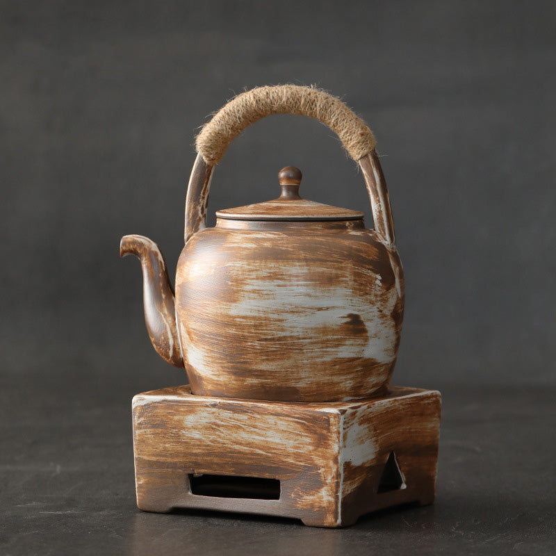 Tetera de kungfú de cerámica de té chino Gongfu marrón Retro de Buddha Stones 700ml con Base - Marrón Beige 15,7cm*17,0cm*700ml - image 0