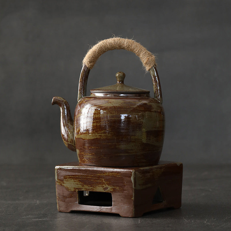 Tetera de kungfú de cerámica de té chino Gongfu marrón Retro de Buddha Stones 700ml con Base - Marrón Verde 15,7cm*17,0cm*700ml - image 1