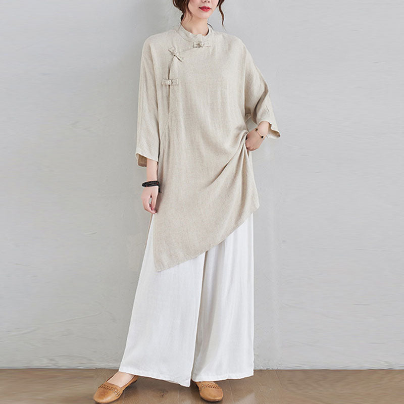 Conjunto de 2 piezas de ropa de meditación Zen Tai Chi con diseño liso de Buddha Stones, pantalones superiores de lino y algodón para mujer - Top beige y pantalones blancos - US12, UK/AU16, EU44 (2XL) - image 0