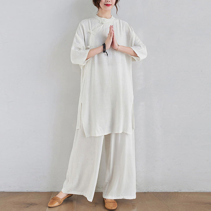 Conjunto de 2 piezas de ropa de meditación Zen Tai Chi con diseño liso de Buddha Stones, pantalones superiores de lino y algodón para mujer - image 15