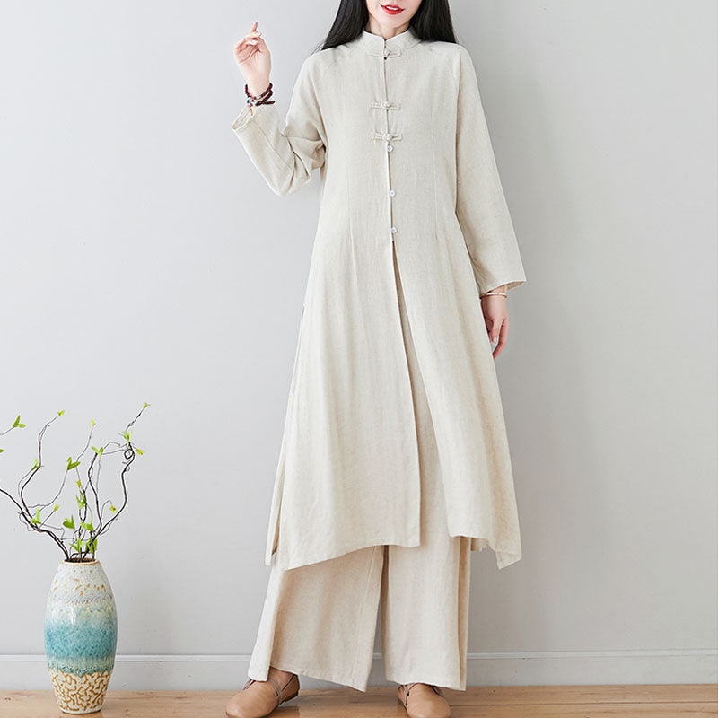 Conjunto de 2 uds de Buddha Stones con diseño de botones de rana china, ropa de meditación Zen Tai Chi, pantalones superiores de lino y algodón para mujer - Beige (Top y pantalón): tallas US8-10，UK/AU12-14，EU40-42 (2XL) - image 0